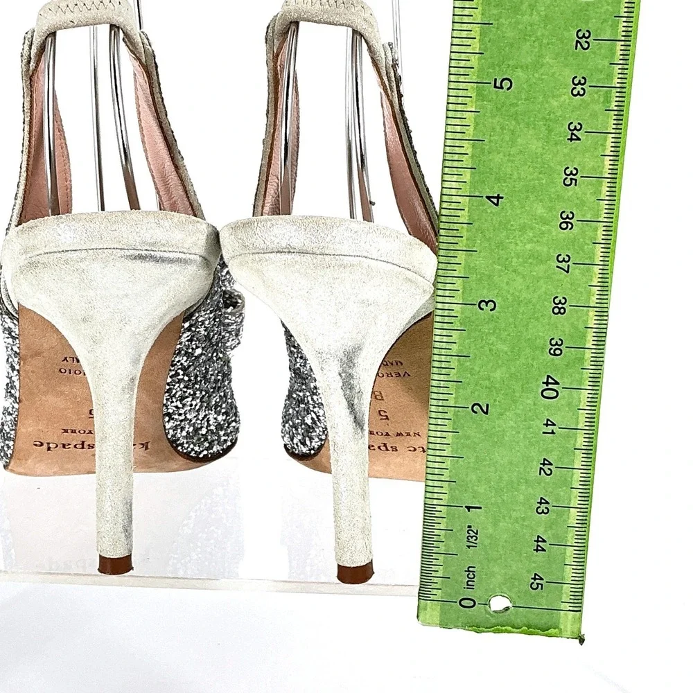 Kate Spade New York‎ Size 5 Silver Glitter Bow Slingback Heels Weddding Bridal